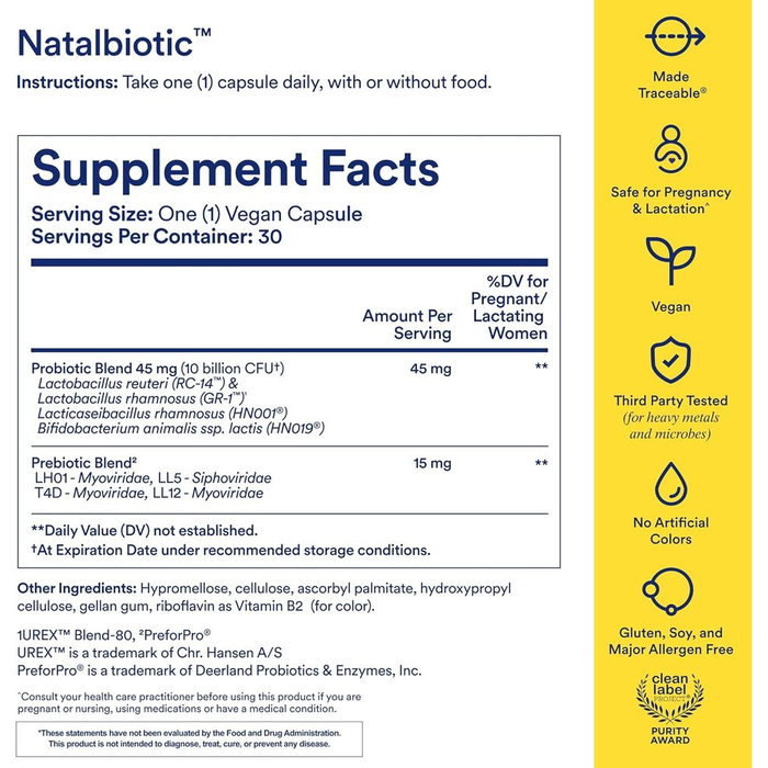 Natalbiotic 30 Capsules by Ritual supplement facts label
