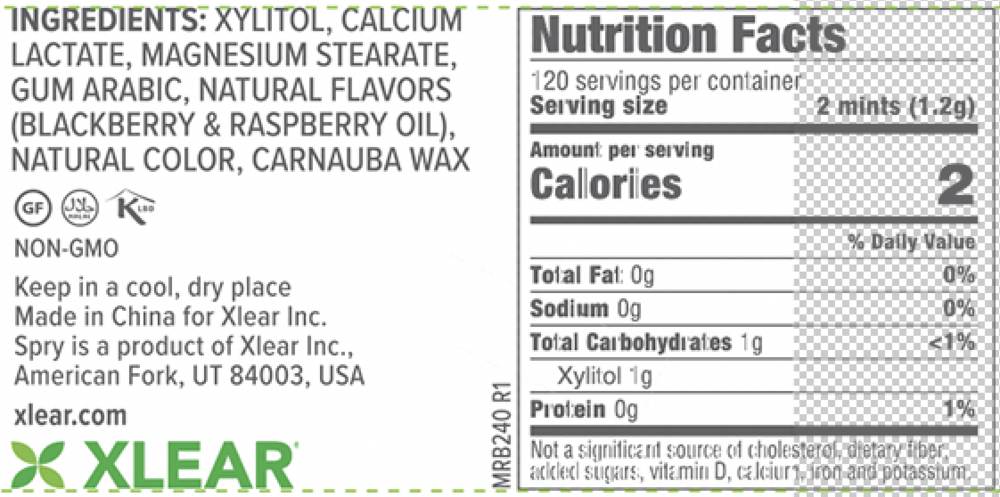 Natural Xylitol Mints by Xlear berry blast nutrition facts label