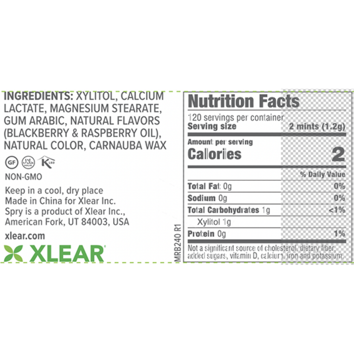 Natural Xylitol Mints by Xlear berry blast nutrition facts label