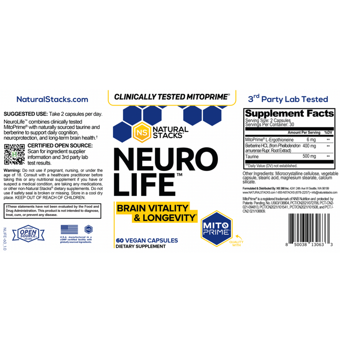 Neuro Life 60 Capsules by Natural Stacks  supplement facts label and recommendations label