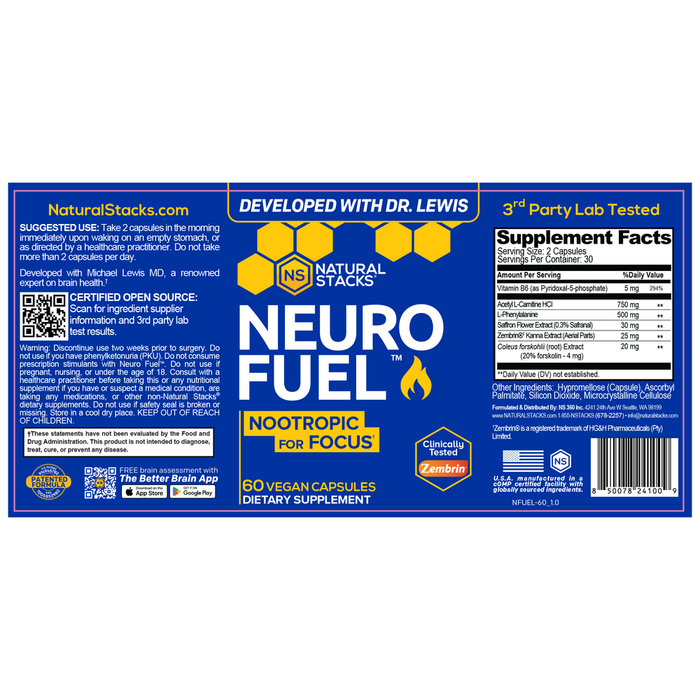 Neurofuel for Focus & Memory 60 Capsules by Natural Stacks information label