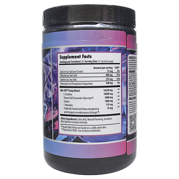 Project AD's Nitr-Ox 20 servings Blue Raspberry Freeze supplement facts label