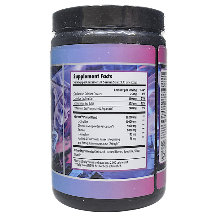 Project AD's Nitr-Ox 20 servings Citrus Berry supplement facts label