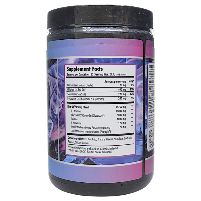Project AD's Nitr-Ox 20 servings Strawberry Bubblegum supplement facts label