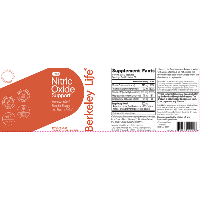 Nitric Oxide Support 60 Capsules by Berkeley Life information label