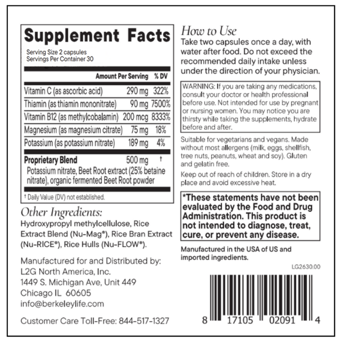 Nitric Oxide Support 60 Capsules by Berkeley Life supplement label