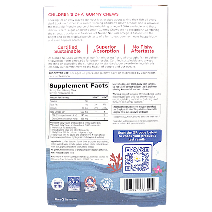 Nordic Naturals' Zero Sugar Children's DHA 30 Gummy Chews Supplement Facts