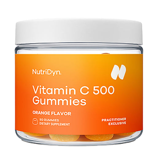 Jar of NutriDyn Vitamin C 500 Gummies with an orange label on a white background