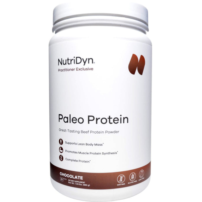 NutriDyn Paleo Protein chocolate container on a white background