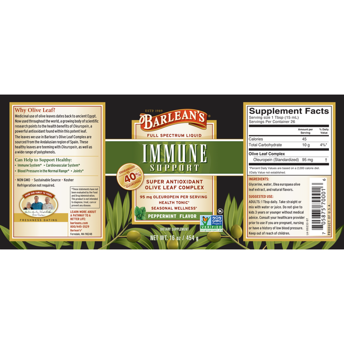 Olive Leaf Complex Peppermint by Barlean's Organic Oils 16 oz supplement facts
