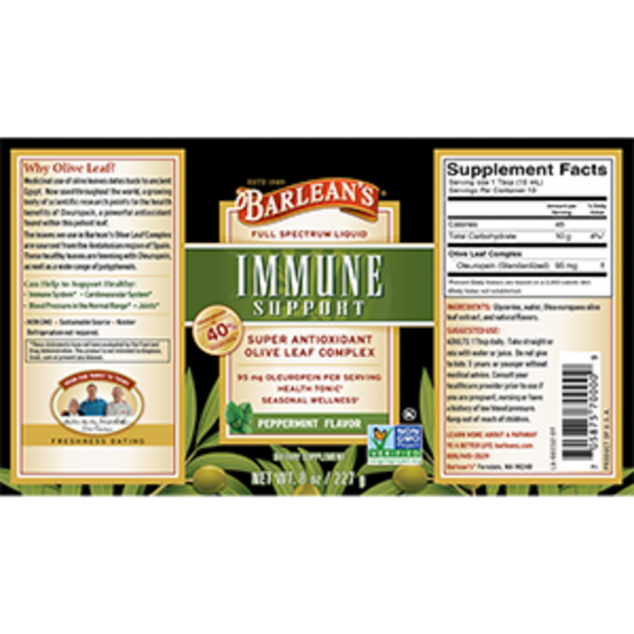 Olive Leaf Complex Peppermint by Barlean's Organic Oils 8oz supplement facts label