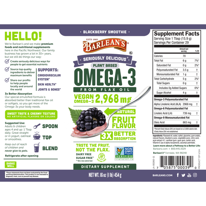 Omega-3 Vegan Blackberry Smoothie 16 fl oz by Barlean's Organic Oils recommendations label