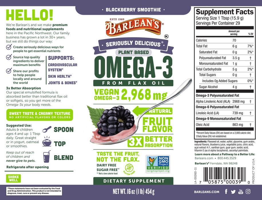 Omega-3 Vegan Blackberry Smoothie 16 fl oz by Barlean's Organic Oils recommendations label