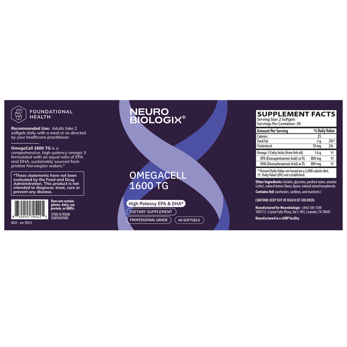 OmegaCell 1600 TG 60 Softgels by Neurobiologix Label