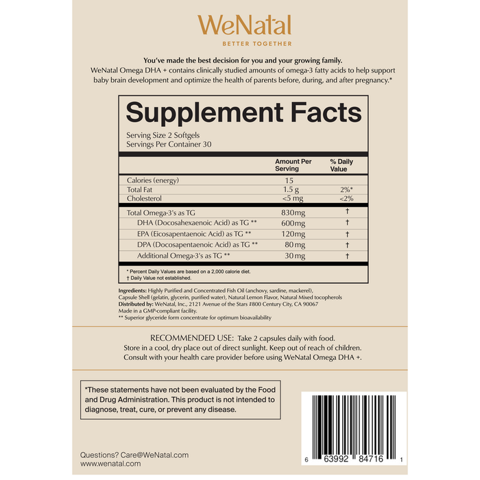 Omega DHA+ 60 Softgels by WeNatal supplement facts label
