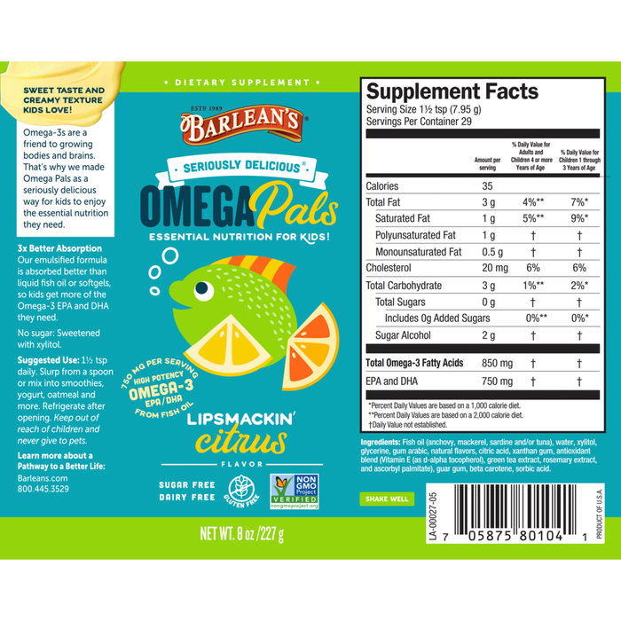 Omega Pals Lipsmackin' Citrus 8 oz by Barlean's Organic Oils supplement facts and recommendations label