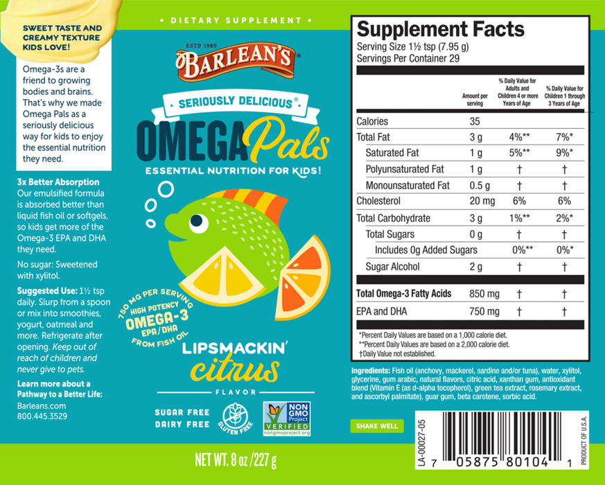Omega Pals Lipsmackin' Citrus 8 oz by Barlean's Organic Oils supplement facts and recommendations label