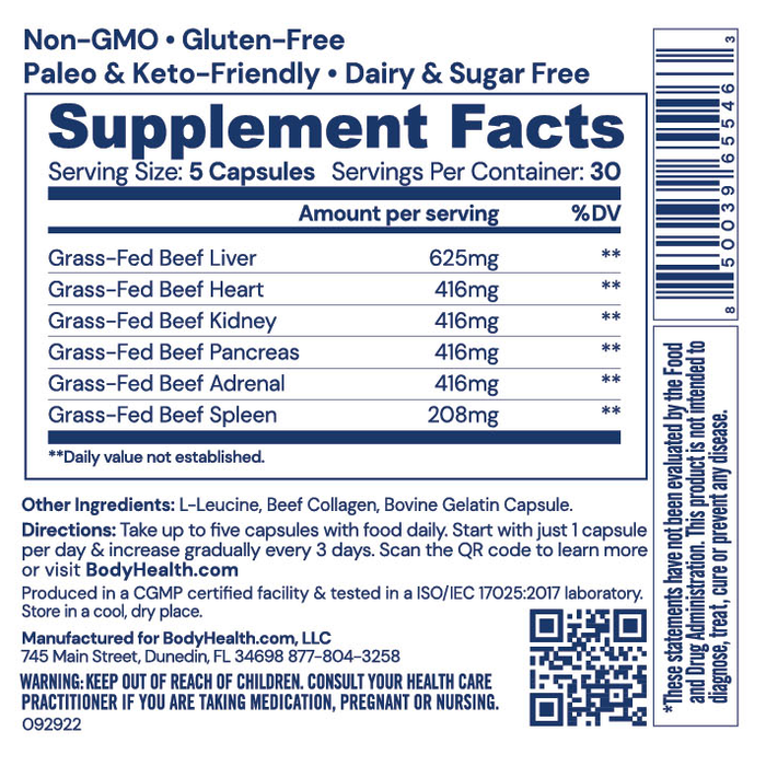 Organ BodyHealth Supplement Facts Label