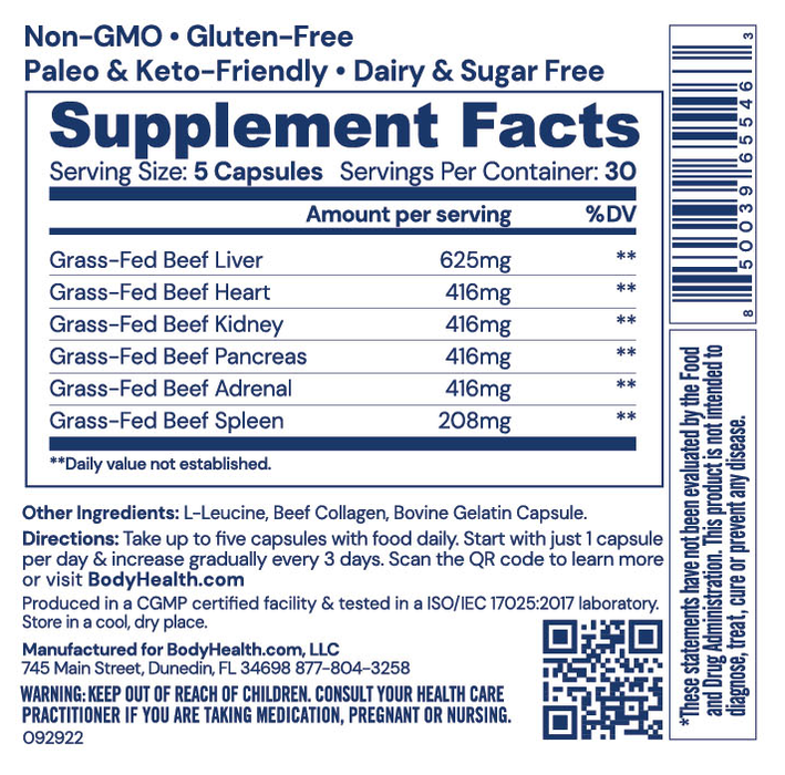 Organ BodyHealth Supplement Facts Label