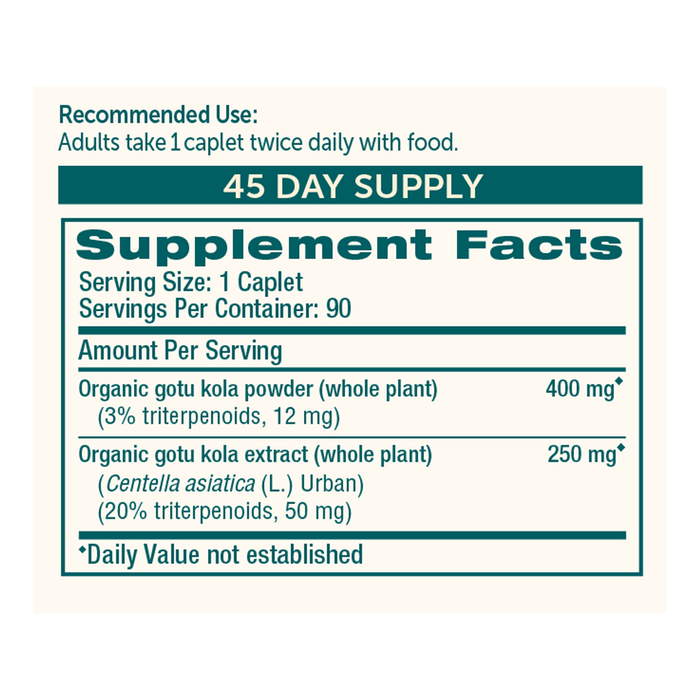 OrganicGotu  Kola 90 Caplets by Himalaya Wellness supplement facts
label
