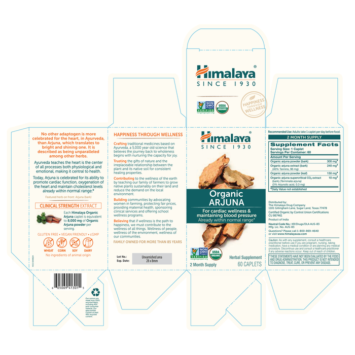 Organic Arjuna 60 Caplets by Himalaya Wellness information label
 