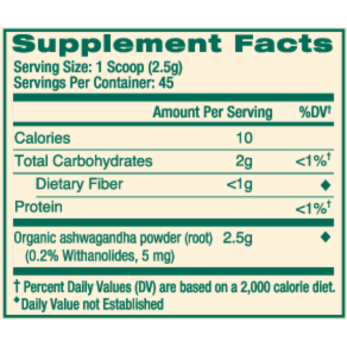 Organic Ashwagandha Root Powder 45 Servings by Himalaya Wellness  supplement facts label
