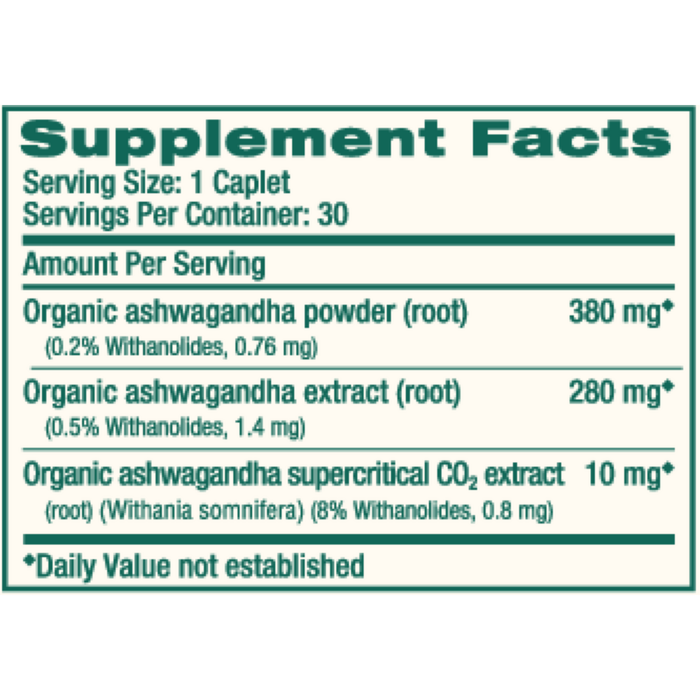 Organic Ashwagandha by Himalaya Wellness 30 supplement facts label
 