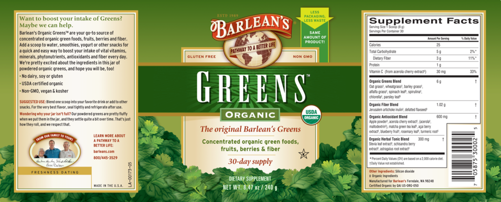 Organic Greens 240 grams by Barlean's Organic Oils recommendations and supplement facts label