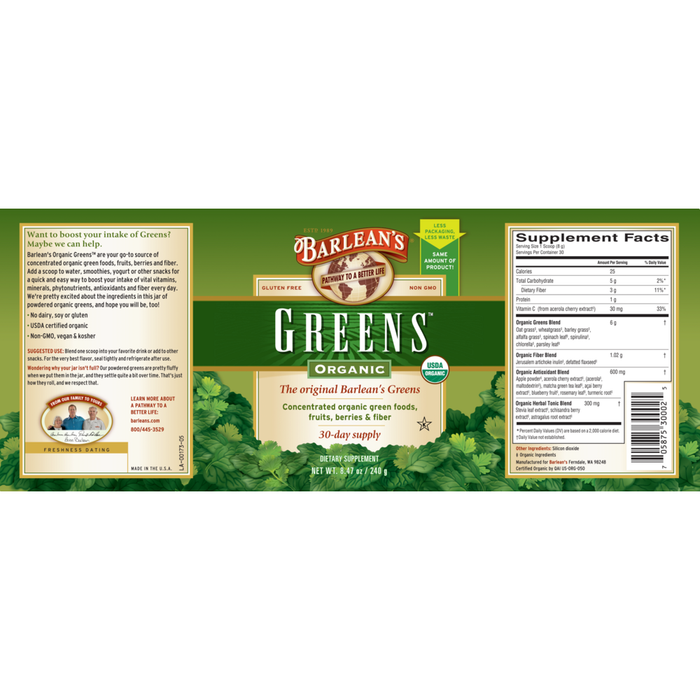 Organic Greens 240 grams by Barlean's Organic Oils recommendations and supplement facts label