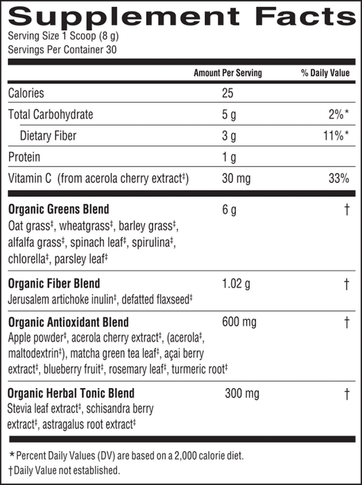 Organic Greens 240 grams by Barlean's Organic Oils supplement facts label