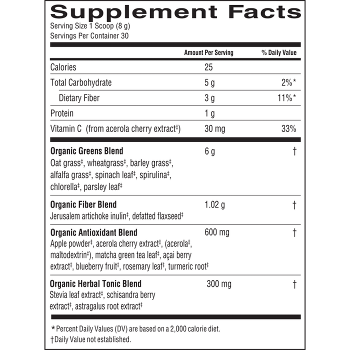 Organic Greens 240 grams by Barlean's Organic Oils supplement facts label