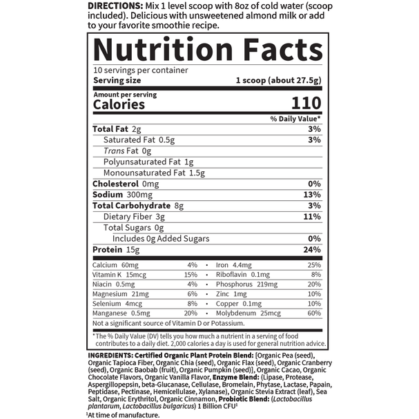 Supplement Facts label for Organic Plant Protein 10 servings by Garden Of Life