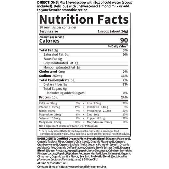 Supplement Facts label for Organic Plant Protein 10 servings by Garden Of Life