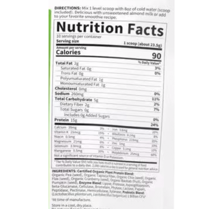 Organic Plant Protein Unflavored 10 Servings by Garden of Life nutrition facts label 