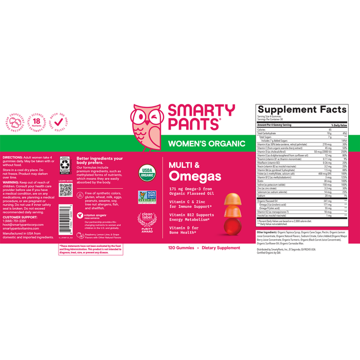 Organics Women's Complete 120 Gummies by SmartyPants Vitamins information facts 
