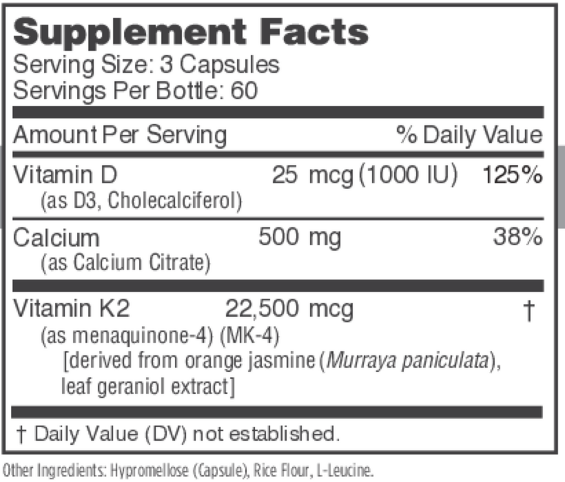 Osteo-K 180 Capsules by NBI Supplement Facts Label