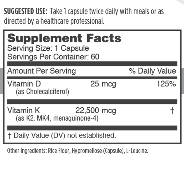 Osteo-MK4 K2+D3 60 Capsules by NBI Supplement Facts Label 