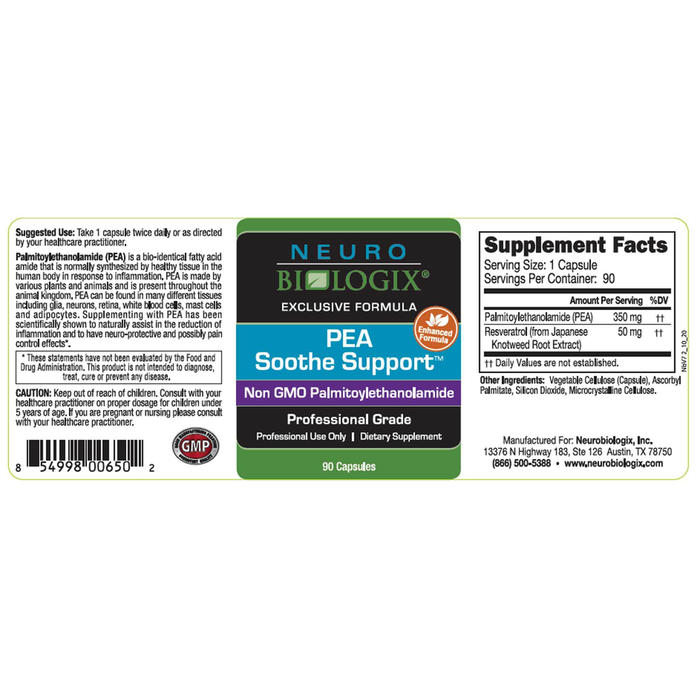PEA Soothe Support 90 Capsules by Neurobiologix Supplement Facts