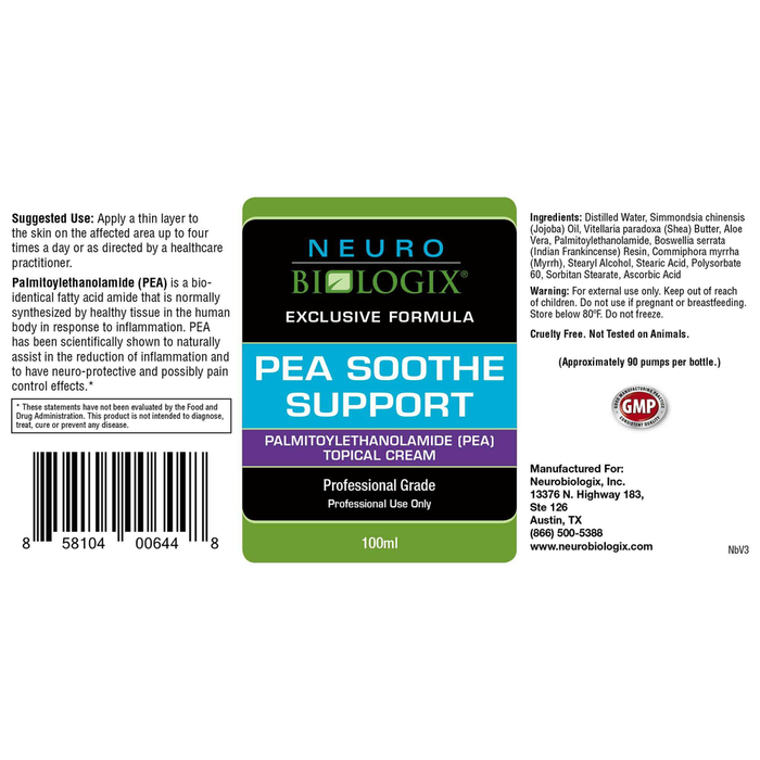PEA Soothe Topical Cream 3 oz by Neurobiologix Supplement Facts Label