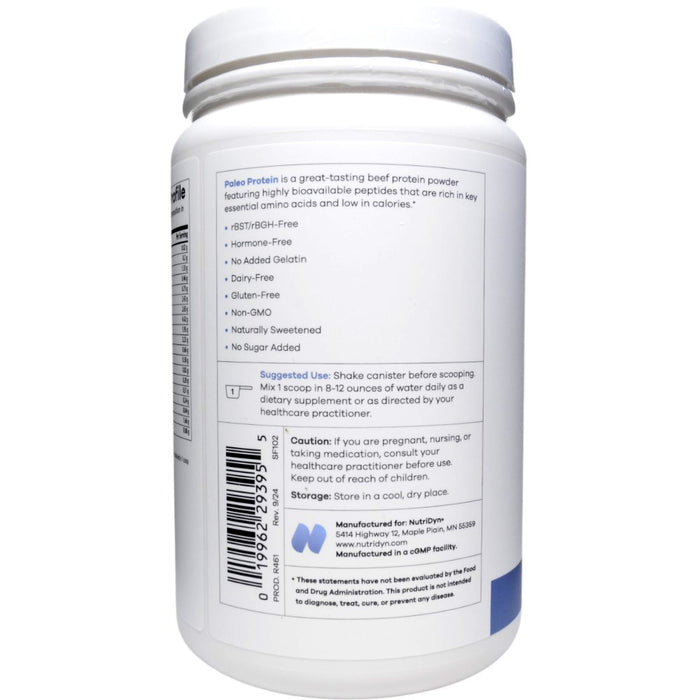 White protein powder container with label on a white background