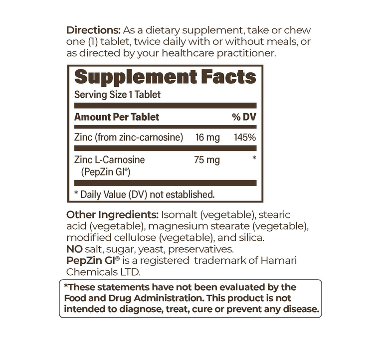 PepzinGI 75mg 60 Tablets by Endurance Products supplement facts label
