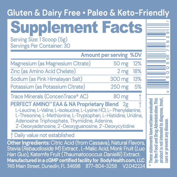 PerfectAmino Electrolytes Mixed Berry Supplement Facts Label