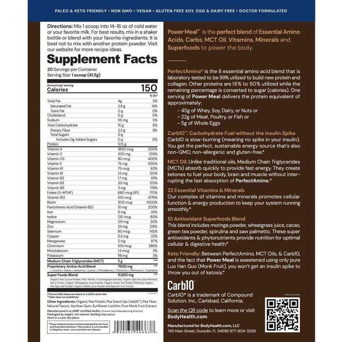PerfectAmino Power Meal BodyHealth Chocolate Supplement Facts