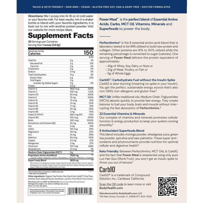 PerfectAmino Power Meal BodyHealth Vanilla Supplement Facts