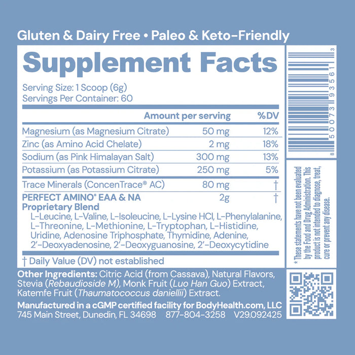 Perfect Amino Electrolytes 60 Servings by BodyHealth Supplement Facts