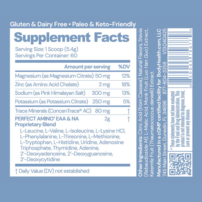 Perfect Amino Electrolytes Passionfruit 60 supplement facts label