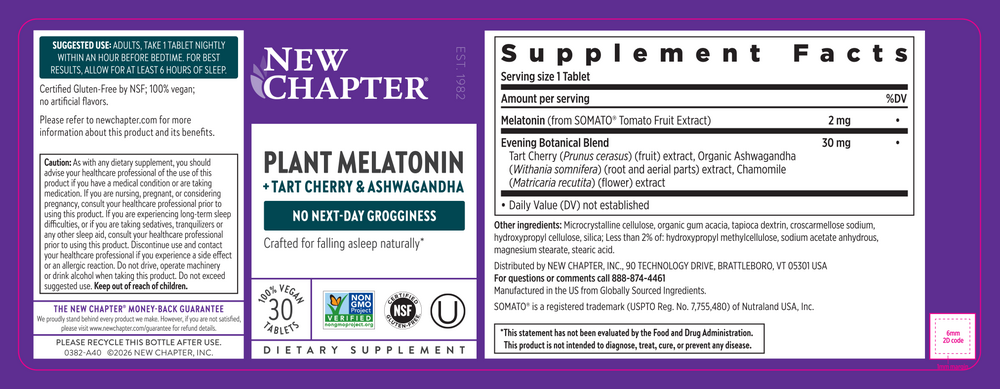 Plant Melatonin + Tart Cherry & Ashwagandha 30 Tablets by New Chapter information label