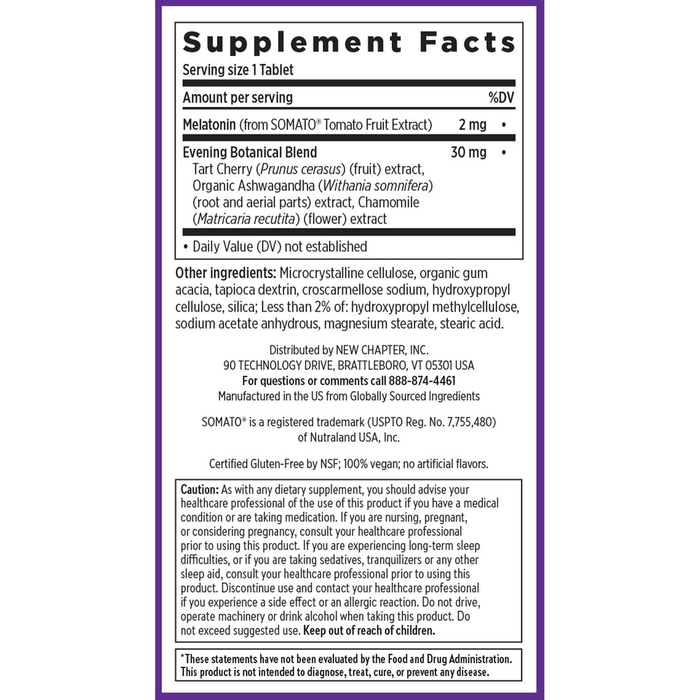 Plant Melatonin + Tart Cherry & Ashwagandha 30 Tablets by New Chapter supplement facts label

