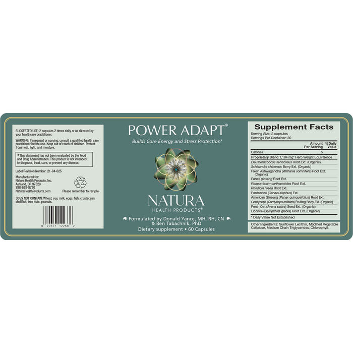 Power Adapt® 60 Capsules by Natura Health Products Supplement Facts Label