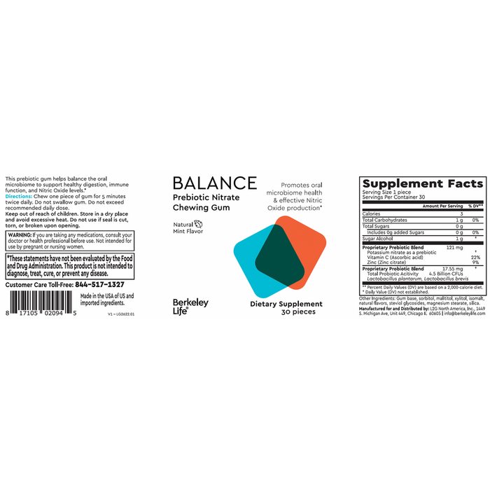 Prebiotic Nitrate Chewing Gum 30 Pieces by Berkeley Life Information Label